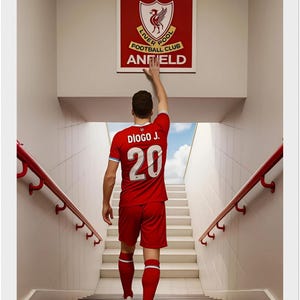 Könnte beinhalten: Eine Person in roter Fußballausrüstung mit der Nummer 20 geht eine Treppe hinauf. Die Ausrüstung hat weiße Details. Ein Schild über der Treppe zeigt "THIS IS LIVERPOOL FOOTBALL CLUB ANFIELD".
