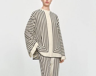 Silky Co-ord Set: Abstract Black & Off-White Two-Piece Outfit