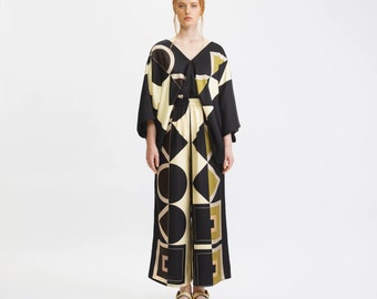 Silky Geometric Print Co-ord Set: Elegant Two-Piece Outfit