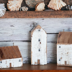 Set of 3 Miniature White Cottages, Unique Gift, Handmade Wooden Houses, Home Decor, Coastal Cottages, White Croft, Small Cottage Ornaments
