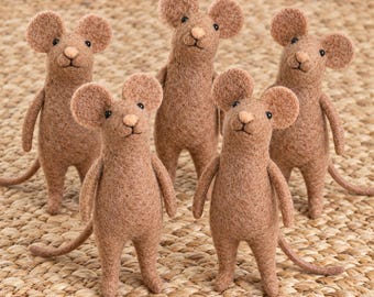 Set of 5 Blank Brown Felt Mice for Crafting, DIY Mouse Decorations, Christmas Ornament Animals, Needle Felting Craft Supplies