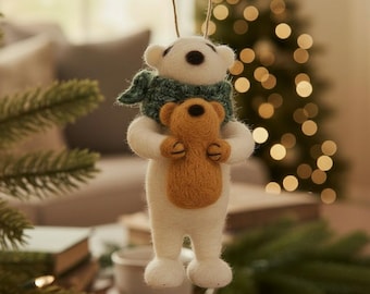 Cute Christmas Needle Felted Pedro Polar Bear with his Teddy - Handmade Felted Animals, Plush Hanging Festive Christmas Decor