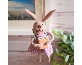 Needle Felted Rabbit with Book and Backpack / Rabbit Going to School / New School Gift / Teachers Gift Idea / Handmade Gift for Her