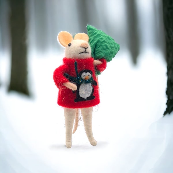 Cute Needle Felted Mouse wearing his Xmas Jumper to Deliver his Presents   - Handmade Felted Animals, Plush Hanging Festive Christmas Decor