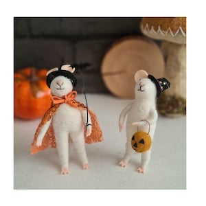 Niedliche Halloween Crew, Nadelgefilzte Maus mit Hexenhut, Maus mit Kürbis, Maus mit Fledermaus, Gefilzte Tiere, Hängende Plüschtier Halloween Dekoration