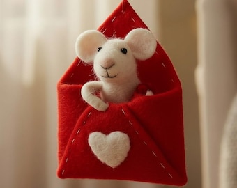 Mouse in Sweetheart Red Envelope - Handcrafted Felt Xmas Decoration – Romantic Wool Needle Felted  Animal Figurine with Red Rose in Envelope