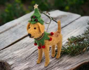 Cute Christmas Needle Felted Dog in Xmas Tree Costume - Handmade Felted Animals, Plush Hanging Festive Christmas Decor