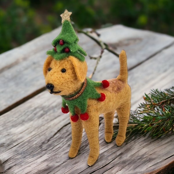 Cute Christmas Needle Felted Dog in Xmas Tree Costume - Handmade Felted Animals, Plush Hanging Festive Christmas Decor