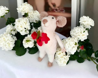 Hand Crafted Felt White Mouse holding a bunch of Red Flowers - Handmade Fairtrade Needle Felted Mouse - Gift for Easter or Birthday