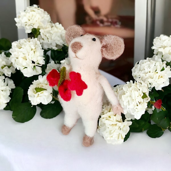 Hand Crafted Felt White Mouse holding a bunch of Red Flowers - Handmade Fairtrade Needle Felted Mouse - Gift for Easter or Birthday