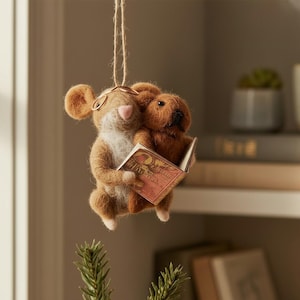 Matty Mouse Reads a Bedtime Book to his Teddy Bear - Handcrafted Felt Xmas Decorations – Festive Hanging Wool Animal Figure
