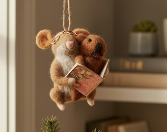 Matty Mouse Reads a Bedtime Book to his Teddy Bear - Handcrafted Felt Xmas Decorations – Festive Hanging Wool Animal Figure