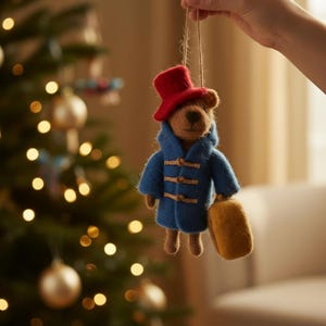 Handmade Felt Travelling Bear Christmas Tree Decoration – Bear in Blue Coat & Red Hat with Suitcase – 12cm Paddington Style