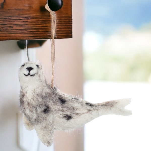 Hand Crafted Felt Grey Seal Hanging Decoration - Unique Gift Idea - 11cm long - Nature Inspired Home Accent - Felt Sealife Animal Figurine