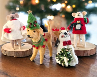 Christmas Crew, Felted Animals, Holiday Decorations, Wool Animals, Xmas Hanging Ornaments - 4 pc set