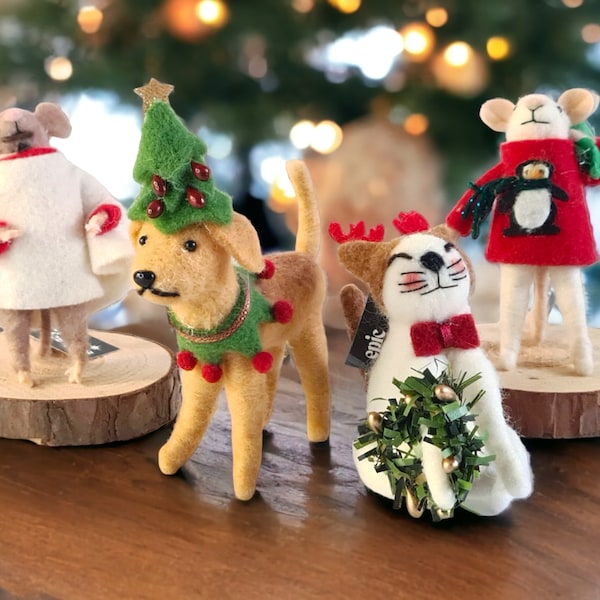 Christmas Crew, Felted Animals, Holiday Decorations, Wool Animals, Xmas Hanging Ornaments - 4 pc set