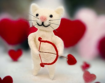 Wool Felted White Love Cat with Red Heart Bow and Arrow - Handmade Lovers Decoration Needle Felted Sentimental Valentine Love Gift