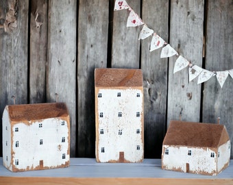 Set of 3 Miniature White Cottages, Unique Gift, Handmade Wooden Houses, Home Decor, Coastal Cottages, White Croft, Small Cottage Ornaments