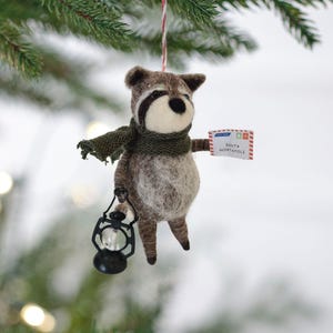 Lucas Racoon Holds a Lamp & Letter to Santa - Handcrafted Felt Christmas Decorations – Festive Hanging Animal Figures for Your Tree or Home