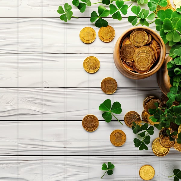 Green St. Patricks Day Digital Backdrop Photography, Paddys Day Photo png, Irish Flatlay Clover Coins Mock, White Wooden Background Mockup