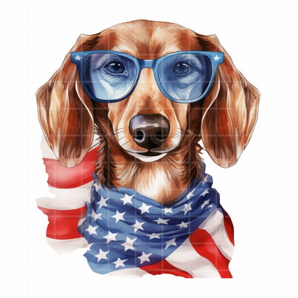 Watercolor Dachshund PNG, Patriot Dog Sunglasses Illustration, 4th of July Digital Drawing, Sublimation American Flag Scarf Animal Pic