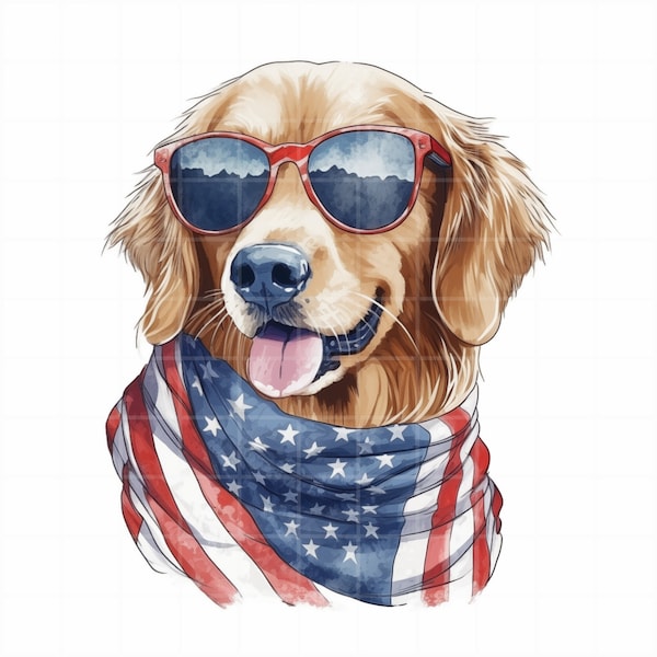 Watercolor Golden Retriever PNG, Patriot Dog Sunglasses Illustration, 4th of July Digital Drawing, Sublimation American Flag Scarf Animal