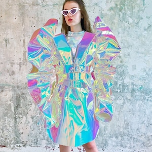Holographic Futuristic oversize big sleeve long cyber metaverse galaxy costume coat jacket