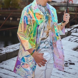 Holographischer Einhorn Langer Mantel: Irisierender Cyberpunk Festival Regenmantel