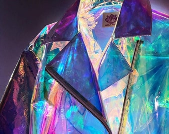 Metaverse Holographic mix fabric sleeve motor biker Iridescent cyber rave party | clear vinyl suit