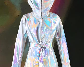 Space galaxy Holographic Raincoat: Iridescent Reflective Rave Costume long coat