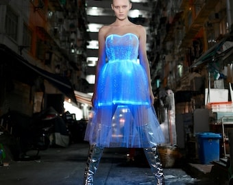 LED Fiber Optic Dress, Cyberpunk LED Light Up Mini Dress | Futuristic Y2K Glow Outfit for Raves and Festival party Aesthetic