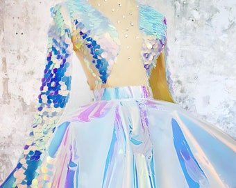 Holographic Sequin Bodysuit Skirt Set: Cyberpunk Rave Costume