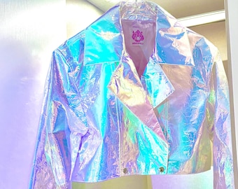 Chaqueta corta holográfica iridiscente unisex Cyber Y2K Moto Coat pastel goth