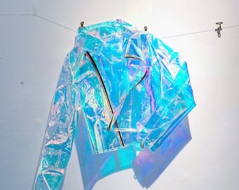 Metaverse Holographic clear rainbow biker Iridescent raincoat coat