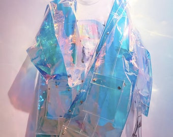 Irisierende Holographische PVC Jacke Mantel Rave Reflective Outfit Metaverse Kostüm