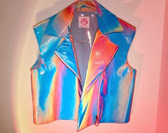Rainbow illusion Holographic sleeveless motor biker Iridescent cyber |  vinyl suit