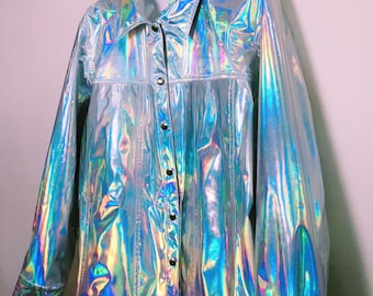 Unisex Holographic Jacket long coat Cyber Festival Rave Outfit