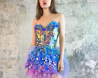 Sequin Holographic dress unicorn sequin |  cyberpunk costume bridal gown  | feather cocktail