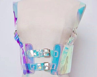 Holographic clear rainbow thick buckle belt see through , Iridescent Vinyl , PVC, festival fashion, rave ,strap