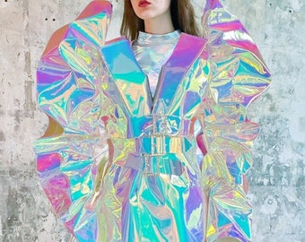 Holographic unicorn oversize big sleeve long cyber metaverse galaxy costume coat jacket