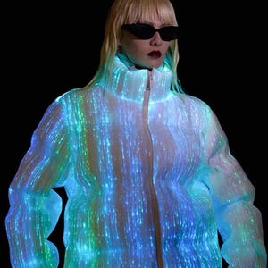 Iridescent Cyber LED Fiber Optic Jacket Rave Festival Outfit Glowing Goose Down Parka, Illuminated Light Up Coat, Futuristic