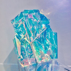 Metaverse Holographic sleeveless motor biker Iridescent cyber | clear vinyl suit