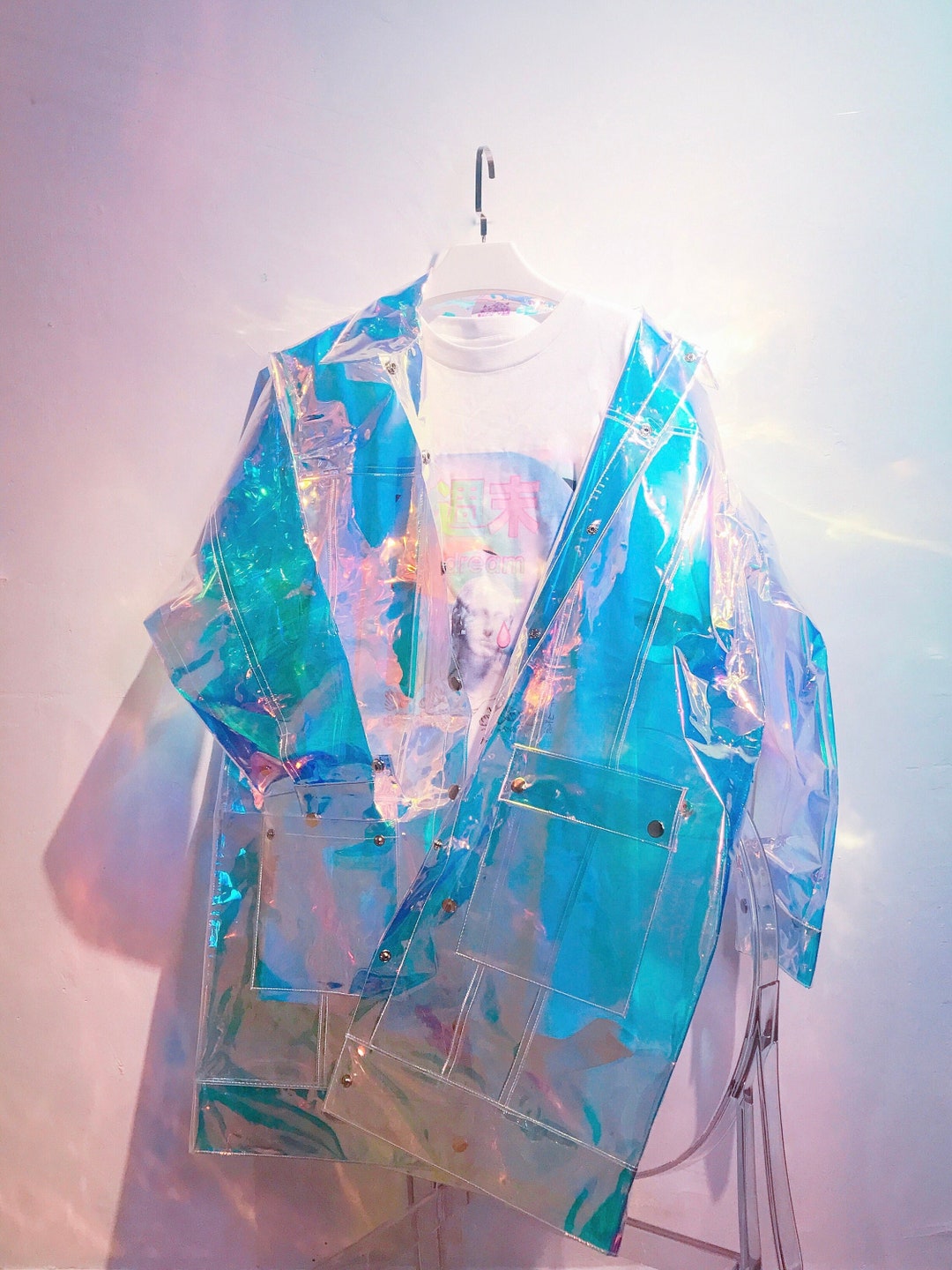 Holographic See Through Unicorn Long Coat Raincoat Cyber Galaxy Party ...