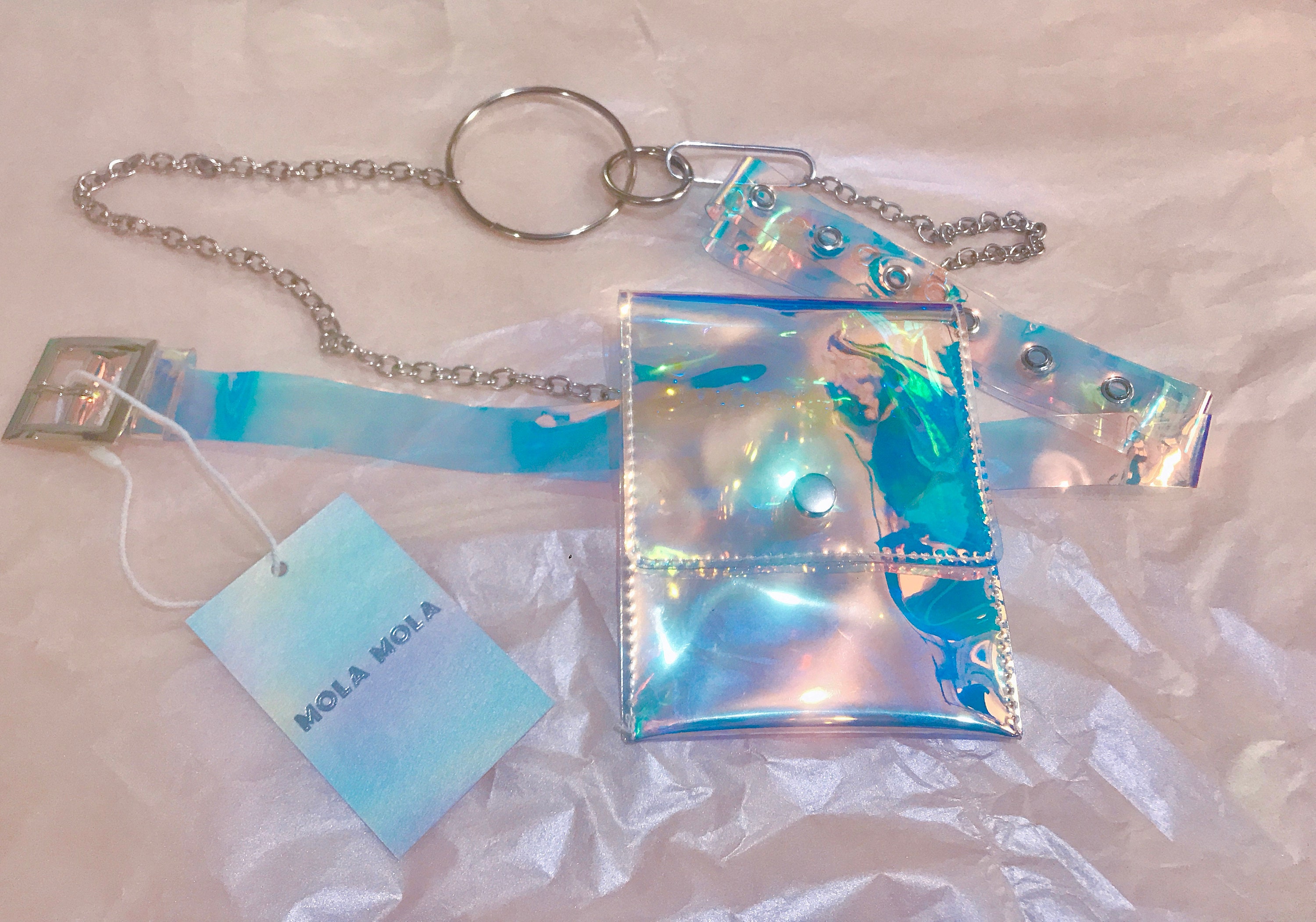 Holographic iridescent strap top belt rave goth Funk Plus Silver Rainbow Holographic Three Row Black Pyramid  main image 3