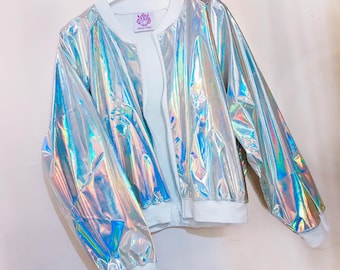 Holographic Rave Bomber Jacket: Retro Y2K Disco Style
