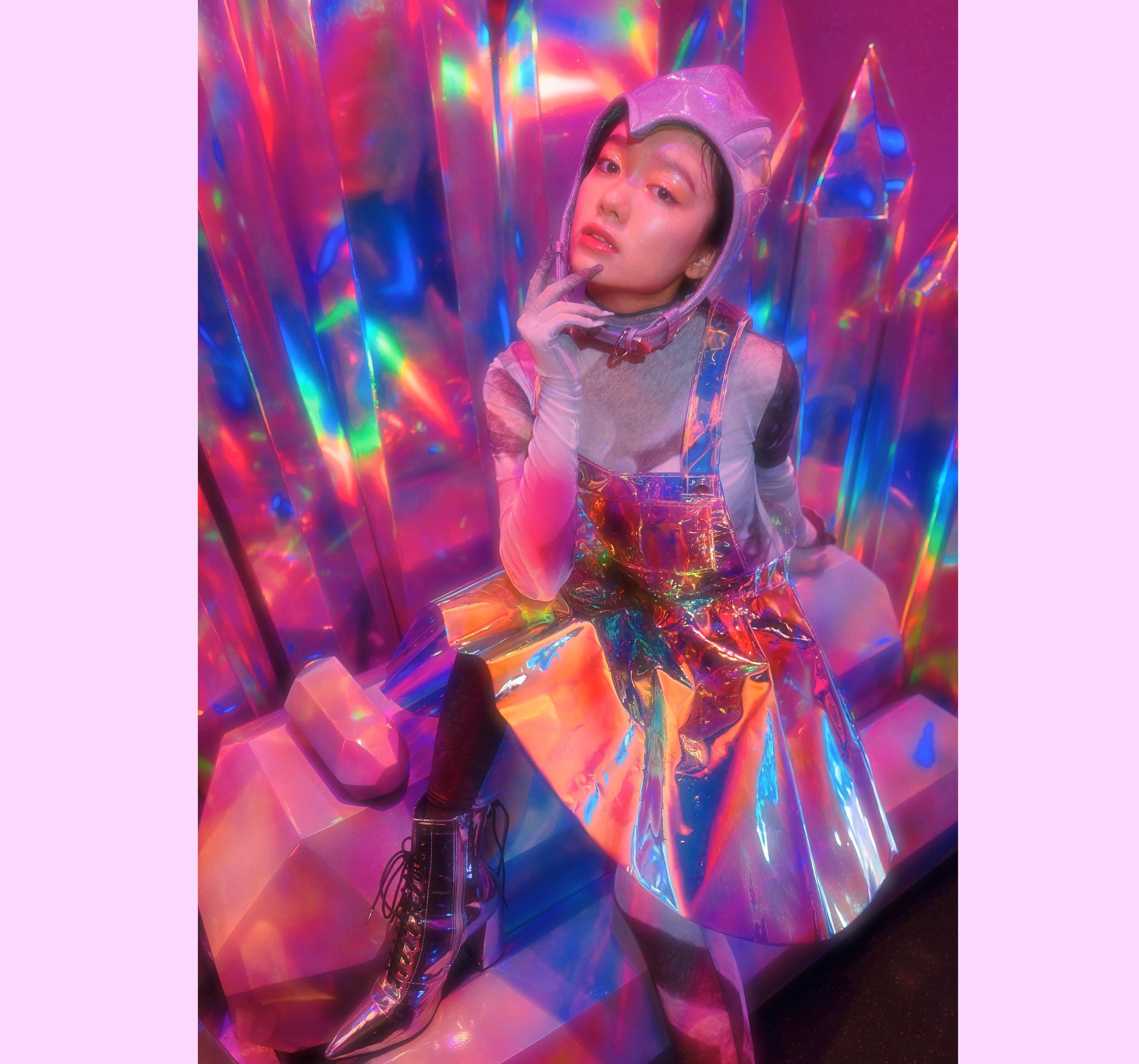 Iridescent Holographic Jumper Dress: Cyber Rave Suspender Skirt girl xxxL