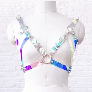 Sujetador holográfico, correa, vinilo, PVC, arcoíris, moda holográfica, rave, punk, gótico, accesorios / atuendo de moda para festivales de música