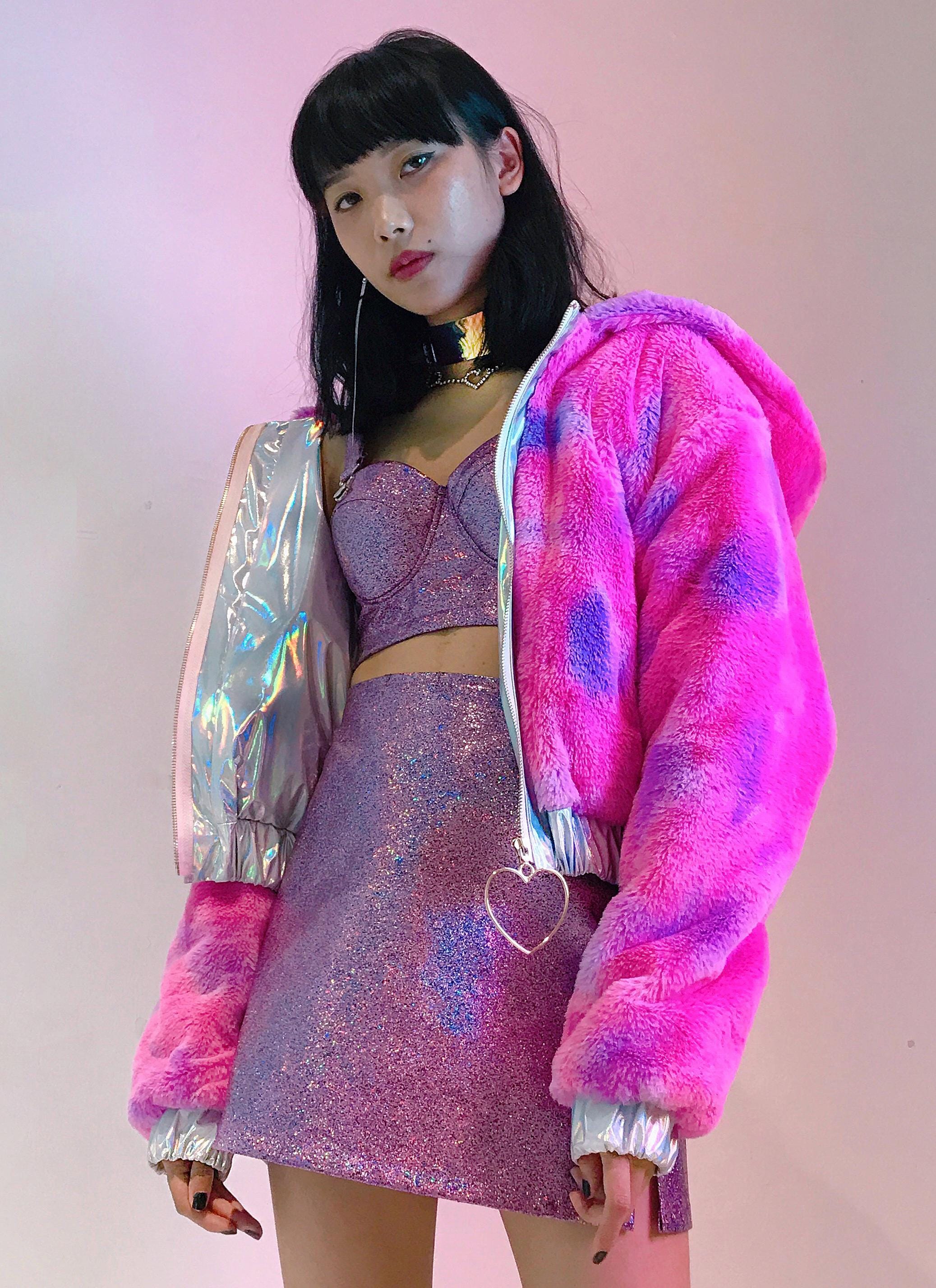 Fluffy holographic rainbow jacket galaxy coat | EDM | Rave outfit | concert