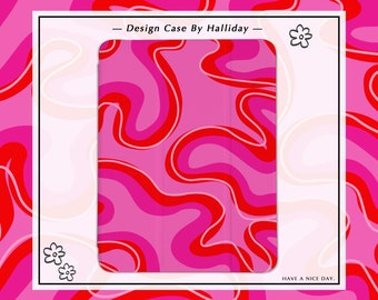 May include: A pink and red phone case with a wavy abstract design. The text "Design Case By Halliday" is at the top of the case. The text "Have a nice day." is at the bottom of the case.