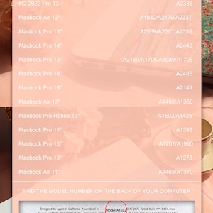 May include: Image with text identifying MacBook models, including M2, Air, and Pro versions. The text also instructs the viewer to find the model number on the back of their computer. The image is set against a soft, floral background.